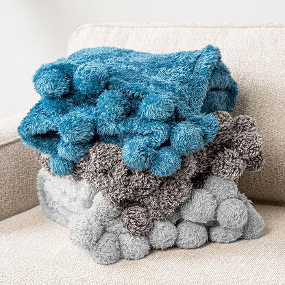 Pavilia Light Grey Sherpa Throw - Twin, Fuzzy Couch Throw with Pom Poms, Soft Fluffy Cozy Blanket - Lightweight, 60x80