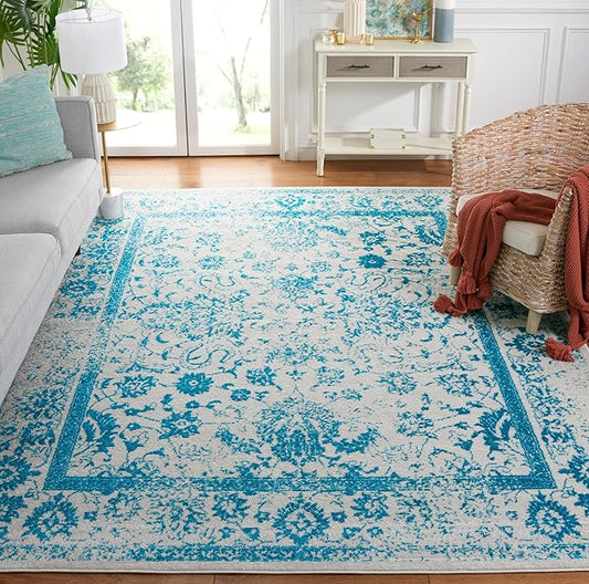 SAFAVIEH Area Rug 8x10 - Adirondack Collection - Large - Ivory & Teal, Distressed Vintage Floral Design, Non-Shedding & Easy to Clean, Ideal for Living Room, Bedroom, Dining Space (ADR109D)