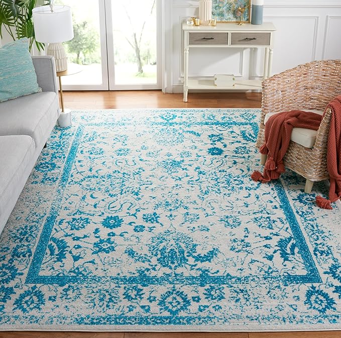 SAFAVIEH Area Rug 8x10 - Adirondack Collection - Large - Ivory & Teal, Distressed Vintage Floral Design, Non-Shedding & Easy to Clean, Ideal for Living Room, Bedroom, Dining Space (ADR109D)