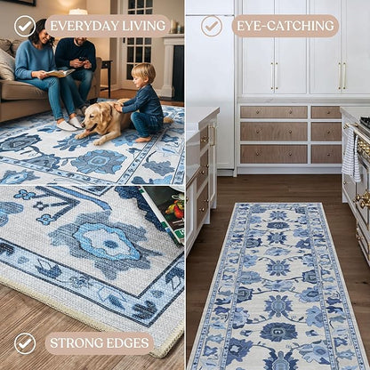 Fame Living Navy Blue Oushak Runner Rug, Modern Runners, Turkish, Eclectic, Floral, Pastel, Washable, Small Rugs, Short Runner for Hallway, Entryway, Laundry, Bedroom, Kitchen, Bathroom, 2'5"x6'5"