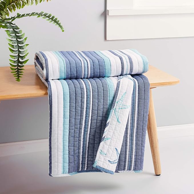 Levtex Home - Camps Bay Quilted Throw - Striped Coastal Pattern in Light Blue and Navy - 50 x 60in. Reversible Cotton Throw Blanket