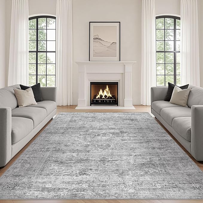 Grey Rug 5x7 Area Rugs: Washable Boho Large Vintage Neutral Soft Rug Stain Resistant Farmhouse Non-Slip Indoor Floor Carpet for Living Room Bedroom Playroom Office Dining Room Apartment Dorm