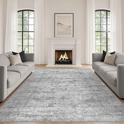 Grey Rug 5x7 Area Rugs: Washable Boho Large Vintage Neutral Soft Rug Stain Resistant Farmhouse Non-Slip Indoor Floor Carpet for Living Room Bedroom Playroom Office Dining Room Apartment Dorm