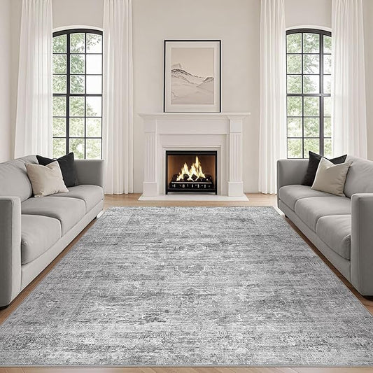 Grey Rug 5x7 Area Rugs: Washable Boho Large Vintage Neutral Soft Rug Stain Resistant Farmhouse Non-Slip Indoor Floor Carpet for Living Room Bedroom Playroom Office Dining Room Apartment Dorm