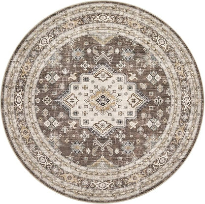 6ft Round Vintage Living Room Area Rug - 6x6 Large Soft Washable Oriental Traditional Distressed Farmhouse Rugs for Bedroom - Indoor Floor Accent Carpet for Home Office House Decor - Dark Brown