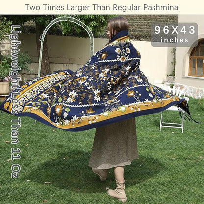 DANA XU 100% Merino Wool Extra Large Pashmina Blanket Travel Scarf Cashmere Wrap for Women Fall Winter Oversize Shawl Floral