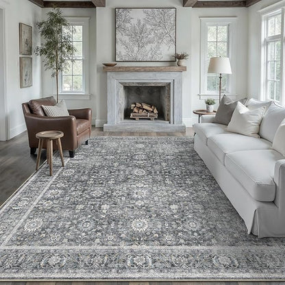 Blue 8x10 Area Rug Non Slip Large Vintage Living Room Distressed Machine Washable Retro Carpet Indoor Bedroom Traditional Floral Accent Throw Rug for Office Kitchen Dorm Dining Room