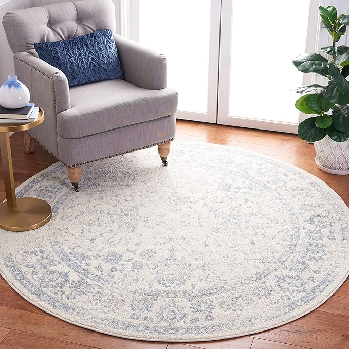 SAFAVIEH Adirondack Collection Area Rug - 10' Round, Ivory & Slate, Distressed Vintage Floral Design, Non-Shedding & Easy to Clean, Ideal for Living Room, Bedroom, Dining Space (ADR109S)