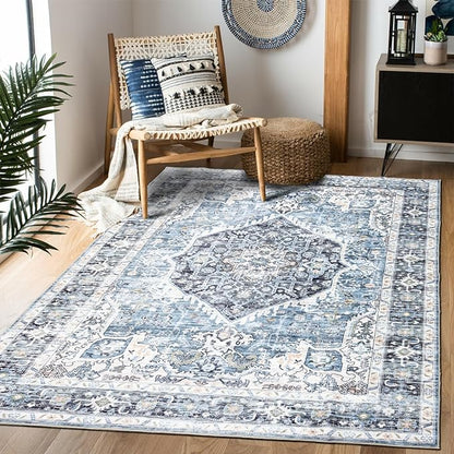 Area Rug 5×7, Vintage Boho Rug,Ultra-Soft Low Pile, Washable, Non Slip,Stain Resistant Printed Carpet for Living Room Bedrooms Playroom Office Kitchen, Light Blue