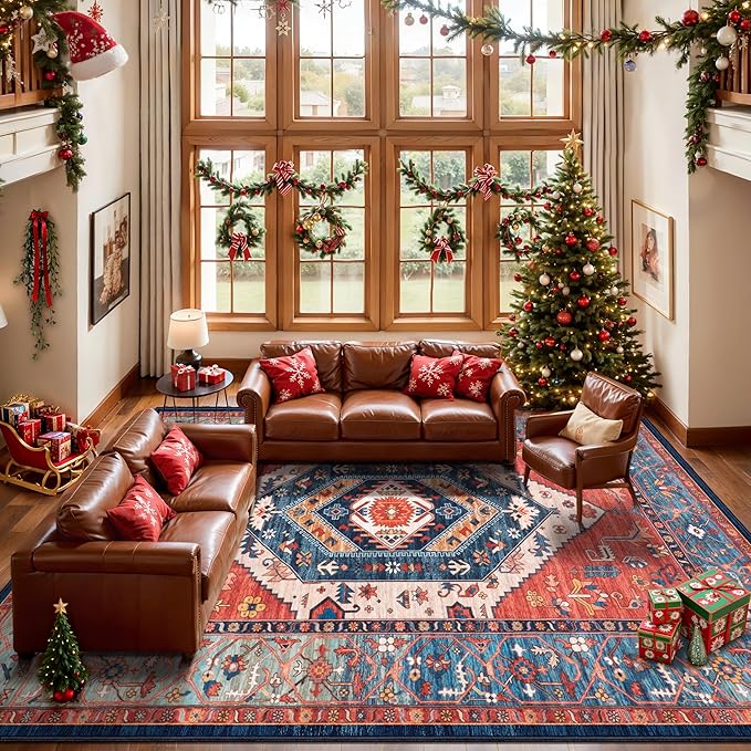 SERISSA 10x12 Area Rugs for Living Room, Large Washable Non-Slip Boho Rug, Ultra Soft Vintage Rust Oriental Tribal Print Distressed Carpet for Dining Room Bedroom Office Home Decor