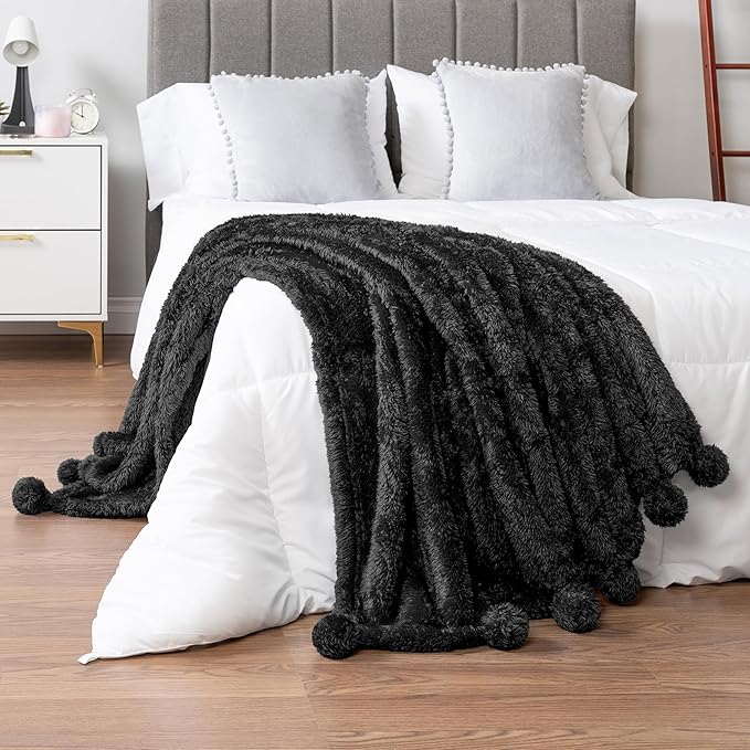 PAVILIA Black Sherpa Throw Blanket for Couch, Warm Plush Pom Pom Throw, Fuzzy Sofa Blanket, Lightweight Soft Cozy Fluffy With Pom Poms, 50x60