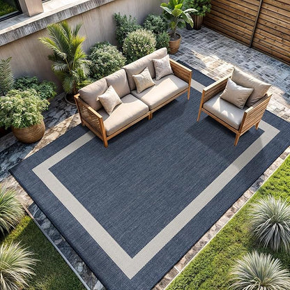 CAMILSON Outdoor Rug 8x10, Modern Outside Rugs for Patios Porches Waterproof Durable Washable Non-Shedding, Easy-to-Clean Indoor Outdoor Area Carpet (8 x 10, Bordered - Blue/White)