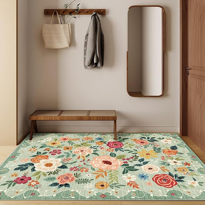 DUKINO 4x6 Area Rug, Floral Rugs for Living Room, Lightweight Non Slip Washable Rug, Indoor Low Pile & Non-Shedding Boho Design Rugs for Bedroom, Living Room, Dining Room, Green