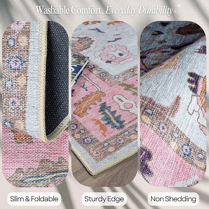 Fame Rugs Pink Beige Modern Oushak Rug 2'6"x10, Vintage Turkish Colorful Oriental Antique Inspired Foldable Long Washable Runner Rugs, Luxury Living Room Bedroom (390PP, 2'6" x 10')
