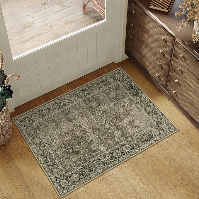 Light Brown Entryway Area Rug 2x3 Vintage Indoor Kitchen Washable Door Mat Living Room Carpet Tribal Distressed Retro Accent Throw Rug for Office Dining Room Bathroom Faux Wool