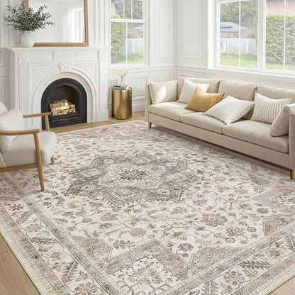 Vintage Living Room Area Rug 8x10 - Large Soft Washable Oriental Traditional Distressed Farmhouse Rugs for Bedroom - Indoor Floor Accent Carpet for Home Office House Decor - Light Brown