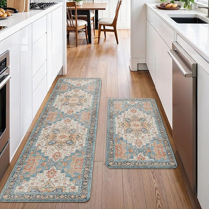 GENIMO Kitchen Mats for Floor 2PCs, Washable Anti Fatigue Mat for Cushioned, 17.3"x59"+17.3"x30", Waterproof Kitchen Rugs, Non Slip Comfort Standing Mat Rug for Home, Sink, Laundry, Blue&Salmon