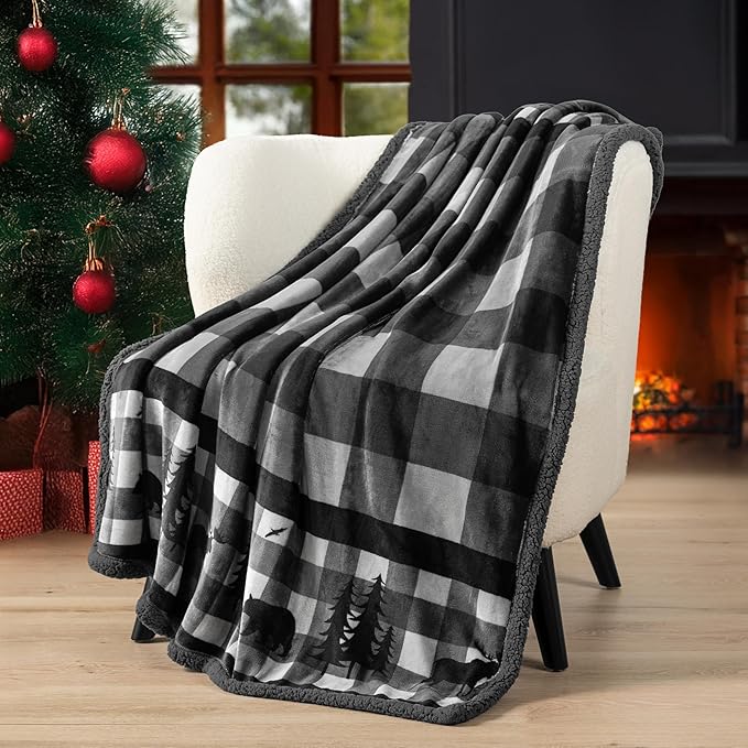 PAVILIA Winter Cabin Sherpa Throw Blanket, Soft Fleece Cozy Grey Christmas Reversible Blanket 50"x60", Warm Plush Rustic Plaid Throw for Couch, Bed, for Family, Friends