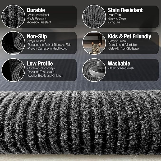 sigun Modern Non-Slip Hallway Runner Rug – Washable, Stain-Resistant & Custom Size – Durable Indoor/Outdoor Carpet for Entryway, Kitchen, Porch, Balcony, Patio & Garage – High-Traffic | Black - 2 x 19