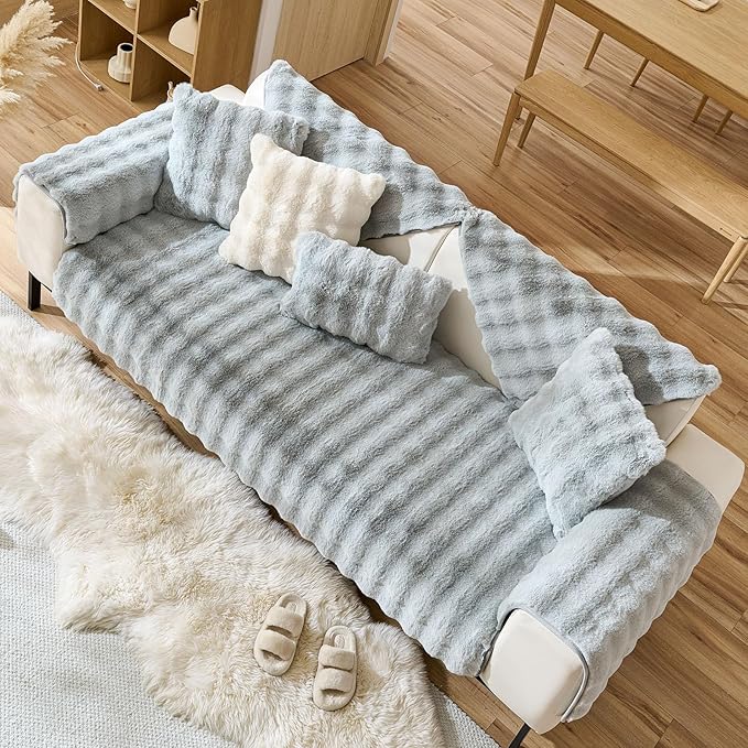 Faux Fur Decorative Throw Pillow Cover Plush Thick Bubble Pillow Covers Luxury Soft Cozy Accent Pillowcase for Spring Sofa Living Room Couch Bed (Light Grey,12"x20")
