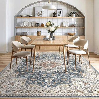 Vintage Living Room Area Rug 10x14 - Large Soft Washable Oriental Traditional Distressed Farmhouse Rugs for Bedroom - Indoor Floor Accent Carpet for Home Office House Decor - Vintage Blue