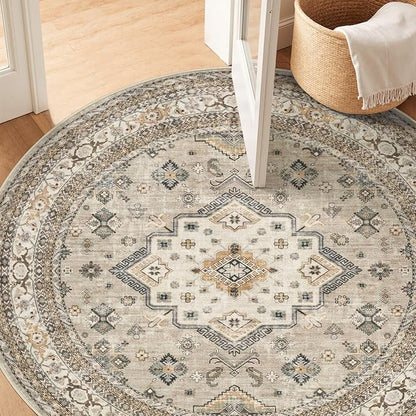 6ft Round Vintage Living Room Area Rug - 6x6 Large Soft Washable Oriental Traditional Distressed Farmhouse Rugs for Bedroom - Indoor Floor Accent Carpet for Home Office House Decor - Beige