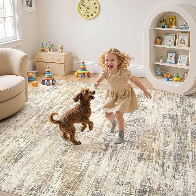 Area Rug for Living Room: 12x15 Washable Neutral Abstract Modern Soft Rugs Non Slip Indoor Floor Stain Resistant Large Carpet for Bedroom Dining Room Office Nursery - Golden Brown