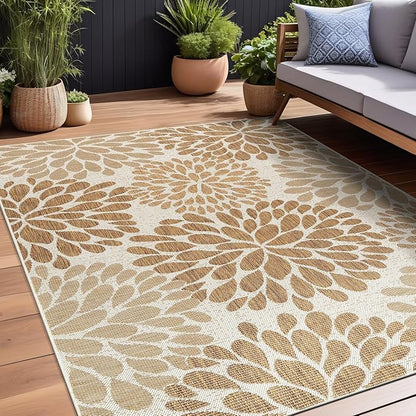 Beverly Rug Outdoor Rug 5x7 Modern Exotic Tropical Leaf Area Rugs for Indoor and Outdoor Patio Deck Porch Garden Water Resistant Washable Outside Carpet (5 x 7 Beige)