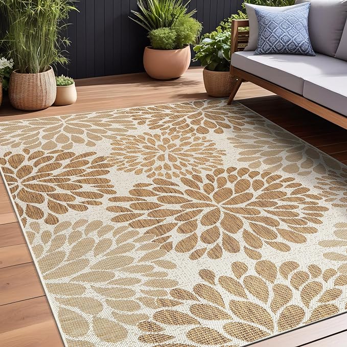 Beverly Rug Outdoor Rug 8x10 Modern Exotic Tropical Leaf Area Rugs for Indoor and Outdoor Patio Deck Porch Garden Water Resistant Washable Outside Carpet (8 x 10 Beige)