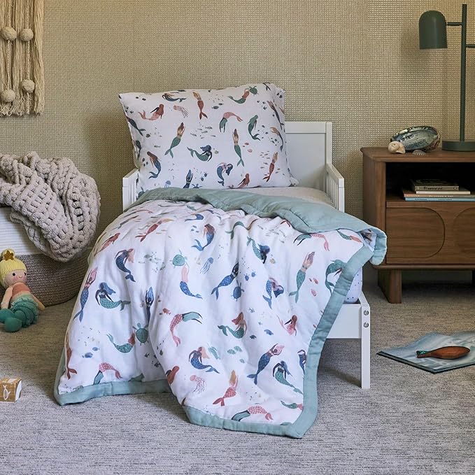 Little Unicorn Toddler Bedding 3-Piece Set | Super Soft & Breathable Muslin Fabric | for Convertible Cribs & Toddler Beds (Mermaid Party)