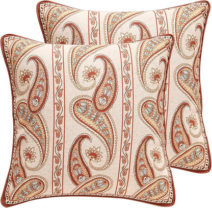 ISAENNE Design Linen Classic Vintage Throw Pillow Covers 18"x18" Pack of 2, Square Cushion Covers with Orange Yellow Paisley Style Pattern Decoration Pillowcases for Bed,Living Room,Outdoor,Car