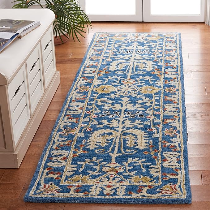 SAFAVIEH Antiquity Collection Runner Rug - 2'3" x 8', Dark Blue & Multi, Handmade Traditional Oriental Wool, Ideal for High Traffic Areas in Living Room, Bedroom (AT64B)