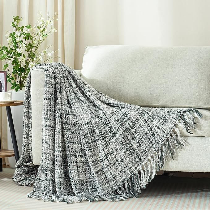 Multi-Color Grey Cable Knitted Throw Blanket for Couch,50"X60" Boho Style Textured Blankets for Home Decor,Super Soft Warm Cozy Chunky Knit Blanket with Decorative Tassels for Bed and Sofa