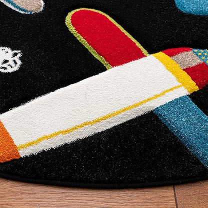 SAFAVIEH Carousel Kids Collection Area Rug - 5'3" Round, Black & Ivory, Non-Shedding & Easy Care, Ideal for High Traffic Areas for Boys & Girls in Playroom, Nursery, Bedroom (CRK167Z)
