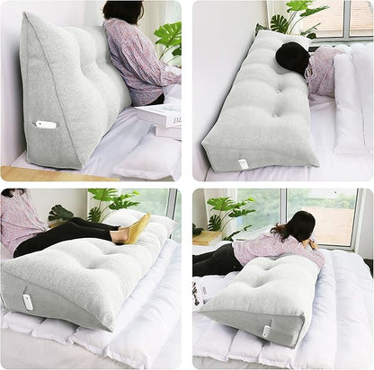Wedge Headboard Pillow Dorm Room Reading Pillow Back Support for Sitting Up in Bed Bolster Lumbar Cushion Body Positioning Bedrest Cotton Linen 76in Grey-Beige King