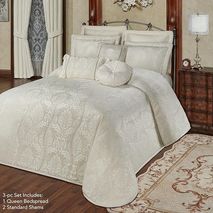 Touch of Class Camelot Luxury Bedding | Neutral Ivory | Matte Satin Damask on Richly Textured Jacquard-Woven Chenille | Designed 3 Piece Set Includes Queen Quilted Bedspread and 2 Standard Shams