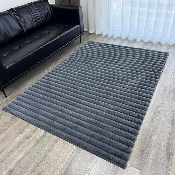 GLORY RUGS Area Rugs Striped Soft Faux Rabbit Fur Rug 5x7 Becky Gray Plush Carpet Shag Cozy Fluffy Rug Non Slip Rugs, Machine Washable Shaggy Area Rug Bedroom Living Room and Dining Room.