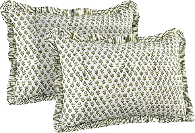 CPC Emerald Green 100% Cotton Block Print Ruffle Pillow Cover 20X30 inch Pack of 2, Handmade Boho Floral Pillowcase,Soft Decorative Queen Bed Pillow Cover for Bedroom Décor