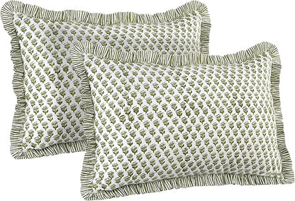 CPC Emerald Green 100% Cotton Block Print Ruffle Pillow Cover 20X30 inch Pack of 2, Handmade Boho Floral Pillowcase,Soft Decorative Queen Bed Pillow Cover for Bedroom Décor