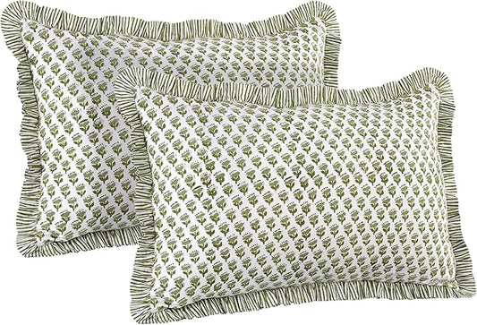 CPC Emerald Green 100% Cotton Block Print Ruffle Pillow Cover 20X30 inch Pack of 2, Handmade Boho Floral Pillowcase,Soft Decorative Queen Bed Pillow Cover for Bedroom Décor