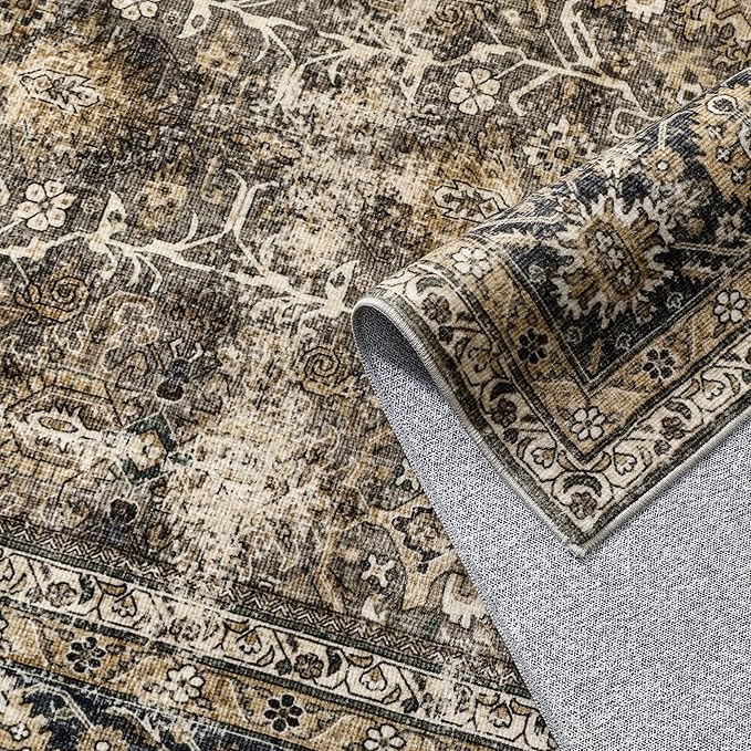 Brown Runner Rug 2x10 Vintage Area Carpet Hallway Long Indoor Kitchen Washable Living Room Low Pile Traditional Distressed Retro Accent Throw Rug Non Slip Laundry Bathroom Office Dining Room