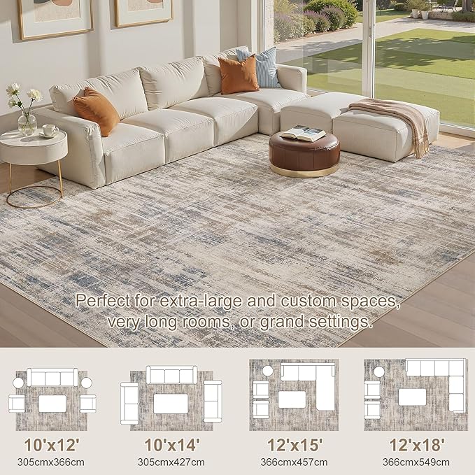 Area Rug for Living Room: 10x14 Washable Neutral Abstract Modern Soft Rugs Non Slip Indoor Floor Stain Resistant Large Carpet for Bedroom Dining Room Office Nursery - Brown