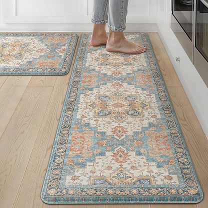 GENIMO Kitchen Mats for Floor 2PCs, Washable Anti Fatigue Mat for Cushioned, 17.3"x59"+17.3"x30", Waterproof Kitchen Rugs, Non Slip Comfort Standing Mat Rug for Home, Sink, Laundry, Blue&Salmon