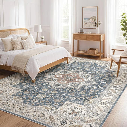 Vintage Living Room Area Rug 7x9 - Large Soft Washable Oriental Traditional Distressed Farmhouse Rugs for Bedroom - Indoor Floor Accent Carpet for Home Office House Decor - Vintage Blue