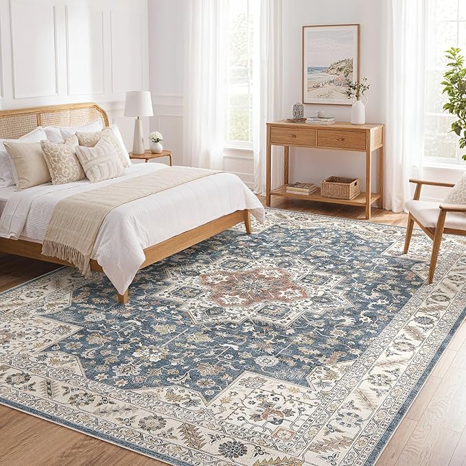 Vintage Living Room Area Rug 9x12 - Large Soft Washable Oriental Traditional Distressed Farmhouse Rugs for Bedroom - Indoor Floor Accent Carpet for Home Office House Decor - Vintage Blue