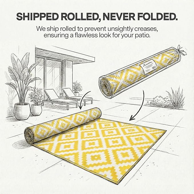 FH Home Outdoor Rug - Waterproof, Fade Resistant, Reversible - Premium Recycled Plastic - Geometric - Porch, Deck, Balcony, Mudroom, Laundry Room, Patio - Aztec - Yellow & White Crease Free - 3 x 5 ft