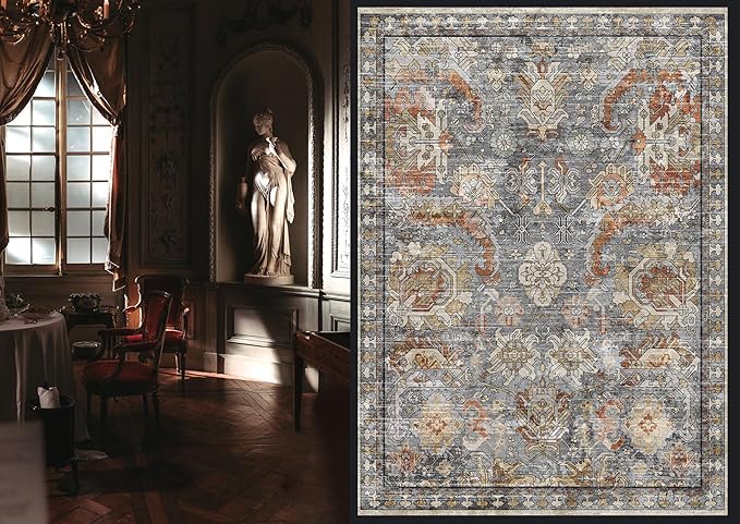 RUGSURE Washable Area Rugs - Perfect for Living Room, Bedroom, Kids Room, Nursery - Stain & Water Resistant Non-Slip, Pet & Child Friendly, Vintage Tribal Area Rugs (Turmeric and Grey, 8' x 10')