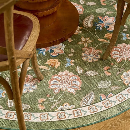 jinchan Elora 4ft Floral Round Rug for Entryway Washable Rug Vintage Romance Christmas Design Non Slip Indoor Doormat Lightweight Low-Profile Throw Carpet for Living Room Dining Room Bedroom, Green