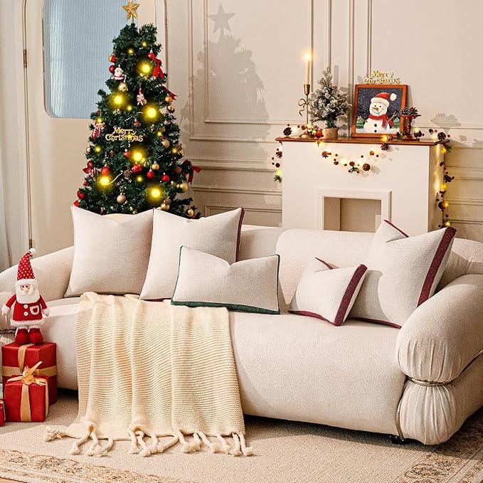 a moment Christmas Red Loop Yarn Linen-Like Pillow Cover Natural Soft Decorative Throw Pillow Case Farmhouse 12x20 Inch, Bohemian Textured Cushion Cover for Sofa Bed, Wrinkle-Resistant Home Decor