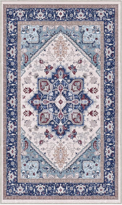 OPPODREAM Thin Area Rugs 3x5, Washable Rugs with Non Slip Backing, Low-Pile Throw 3x5 Carpet, Faux Cashmere 3 x 5 Carpet, Navy Blue & Red & Cream